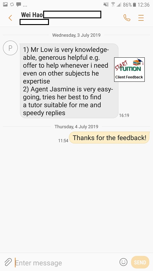 Review from Wei Hao: Jasmine is very easy-going, tries her best to find a tutor suitable for me and speedy replies